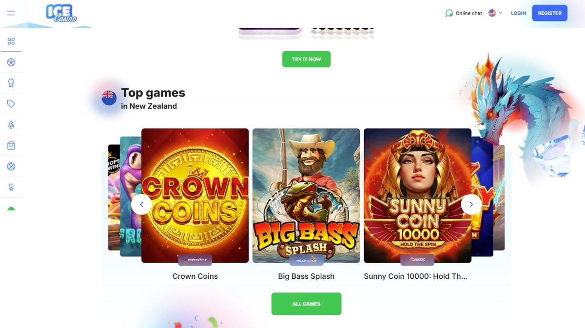 Ice casino homepage showing the top games for New Zealand